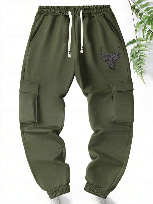 Spring & Autumn New Men's Jogger Sweatpants Casual Sports Jogger Sweatpants, Minimalist Printed Pattern Regular Fit Plus Size Fitness Running Multi-Pocket Elastic Waist Drawstring Pants