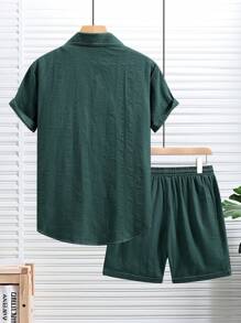 Men's Plain Single-Breasted Short Sleeve Shirt And Shorts Set - Green - View 2