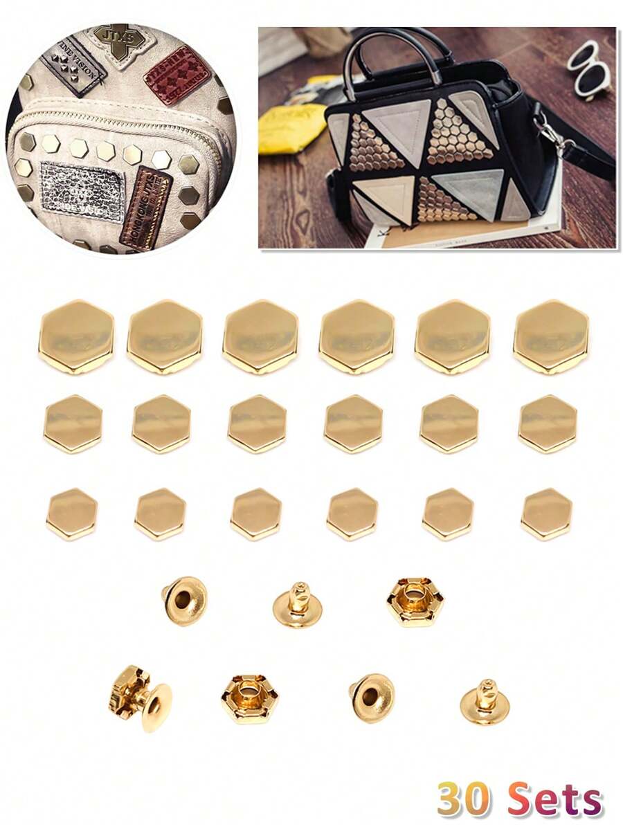 30 套 8/10/14 毫米六角扁平手链服装铆钉帽饰钉皮革工艺包帽鞋牛仔裤颈链钱包珠宝配饰（浅金色） - 金色 - 查看 1