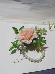 1pc Elegant Pink Korean Style Bridal Wrist Flower, Wedding Accessories, Bridesmaid Gift, Luxurious Pearl Chain Bracelet