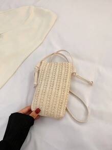 Fashionable Lightweight Mini Woven Straw Texture Lattice Flower Pattern Phone Pouch Wallet Purse Wallet Phone Bag Summer Beach Bag - Khaki - View 4