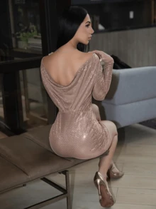 Carolina Barros Váy bodycon sequin hở lưng - Rượu sâm banh - Xem 5