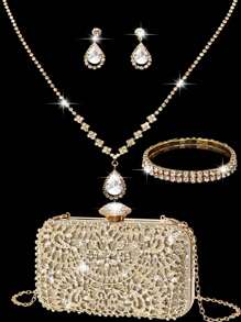 Túi cầm tay buổi tối đính đá Rhinestone cho nữ Kẹp tai đính đá Rhinestone cho cô dâu Vòng tay choker lấp lánh đính kim tuyến Ví cầm tay buổi tối cho nữ Túi xách cưới Túi cầm tay đính đá Rhinestone - Vàng - Xem 12