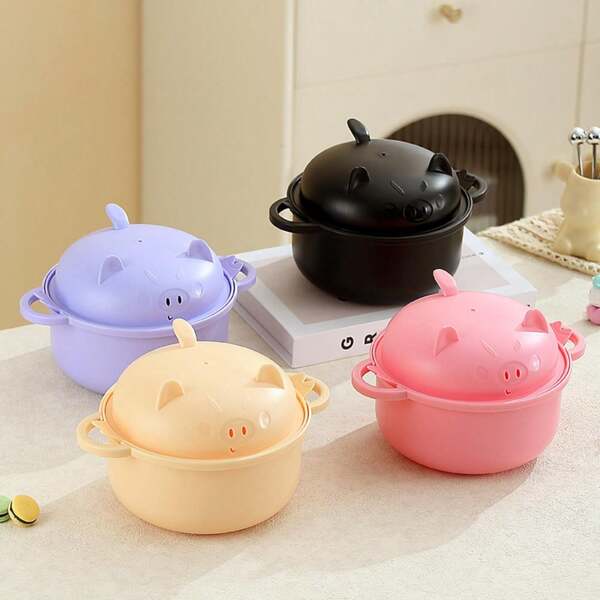 4 Sets Of Piglet Lamian Noodles Pot Bowl Set With Handle, Fast Lamian Noodles Pot, Spoon, Chopsticks, Lamian Noodles Pot, Fork, University Dormitory Apartment, Men's And Women's Necessities, Protection Tableware Set, Spring Kitchen Suppli