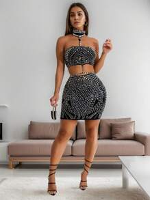 Rochie midi elegantă, fără mâneci, cu strasuri, pe umeri, potrivită pentru cocktailuri, zile de naștere, sărbători, vară