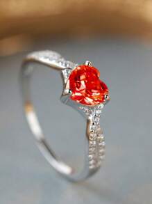 S925 Sterling Silver Heart Shaped Classic Red Zirconia Fashion Elegant Women Ring