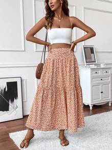 Stunning Floral Maxi Skirt - Flowy, Tiered, Elastic Shirred Waist, Pockets, Flared Hem, Woven - Perfect For Vacation, Spring, Summer, Fall, And Everyday Wear - 橘色 - 查看 4