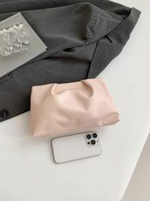 新款春夏时尚纯色手拿包24cm宽底褶皱云朵包纯色休闲信封包化妆包旅行配件包内胆包洗漱包收纳袋 - 粉色 - 查看 8