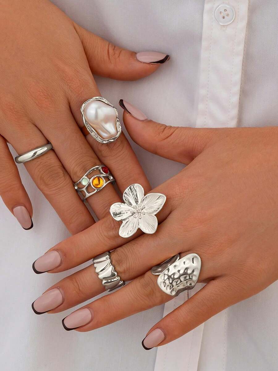 6 件套时尚简约精致高端优雅独特闪亮奢华几何花朵和宝石珍珠戒指套装适合女士日常珠宝 - 彩色 - 查看 1