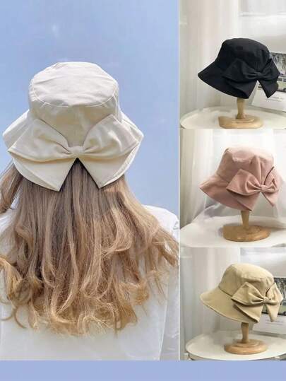 1pc Bow Accent Wide Brim Bucket Hat, Suitable For Spring Summer Vacation Outdoor Sun Protection