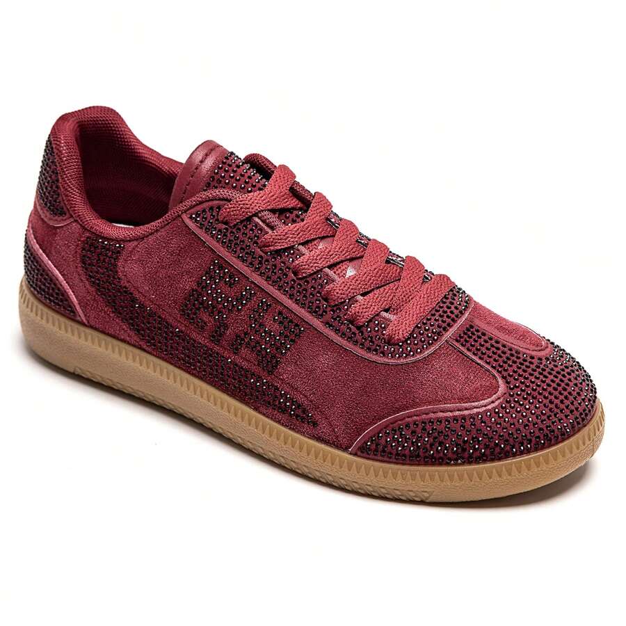 Women's Flat Sneakers | Shiny Embellishments And Laces - Burgundy - View 1
