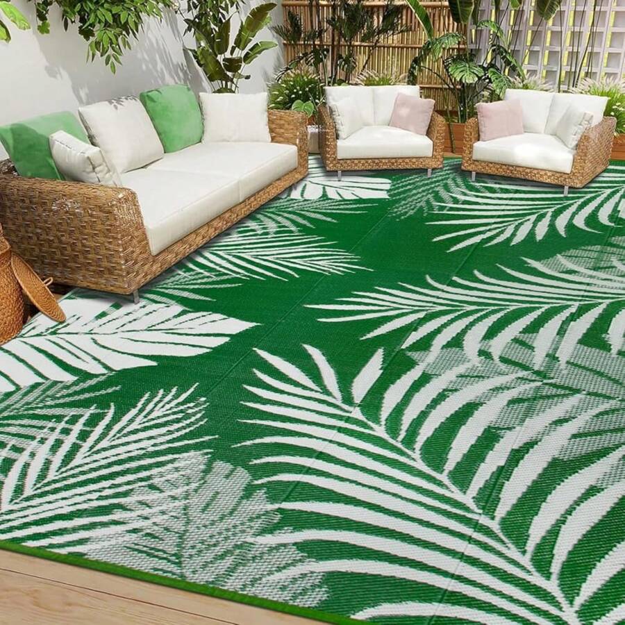 Patio Rugs For Garden Waterproof Green Lightweight Outdoor Camping Rugs Reversible Plastic Straw Rug UV Resistant Area Floor Rug For Outside Deck Balcony Porch - Green White - View 1