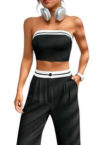 Straight Pants And Strapless Top Set - Black - View 5