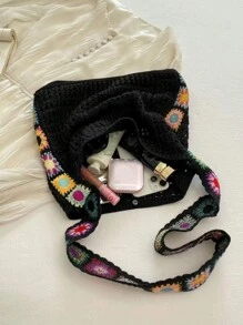 Korean Fashion Knitting Bag Bohemian Style Knitting Bag Holiday Wind Hollow Knitting Bag, Flower Pattern Decorative Messenger Bag Shoulder Bag Hook Bag Female Bag, Suitable For Travel, Seaside Holiday Use., Perfectly Matching With Vacation Outfits Women