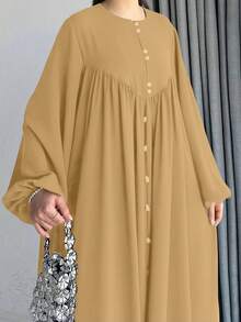 女士优雅仙女风单排扣灯笼袖长款阿拉伯连衣裙 春季 - 香檳色 - 查看 3