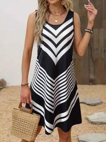 Vestido camisero para primavera/verano, atuendos de playa para mujer. Vestido mini con estampado todo sobre de mujer, sin mangas, cuello redondo, vestido casual de verano fluido para uso diario, vestido de tirantes para la playa y vacaciones, vestidos cortos relajados