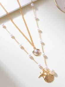 2 Stücke Boho Stil Doppelschicht Seestern Muschel Perlen Kette Halskette, goldfarbenes Metall, geeignet für Frauen Strand, Party, Date, Zusammenkünfte