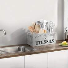 1 pezzo Porta utensili da cucina in legno rustico | Materiale in legno | Scatola di stoccaggio a 3 scomparti, organizer da appoggiare sul piano o da appendere a parete | Accessori da cucina per strumenti da cucina, mangiare e cuocere