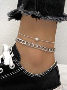 2 件女士时尚多层脚链套装，简约串珠脚链