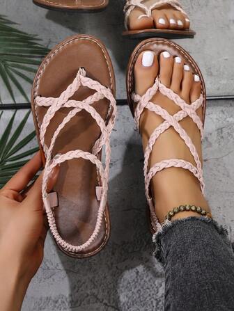 Women's Woven Flat Sandals & Slippers, Black, Brown, Apricot, Khaki, Slip-On, Open Toe, Anti-Slip, Indoor & Outdoor Wear