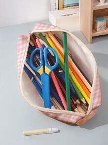 1pc Pink Check Bow Pattern Printed Corduroy Pencil Case, Double-Sided Print Stationery Pouch, Portable Multi-Function Office Supply Pencil Holder Study Storage Bag