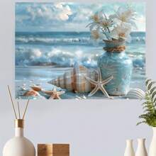 Charming Beach-Themed Canvas Art With Posters Of Flowers, Starfish And Shells - 1 Piece Of Wood Framed Oil Painting (3) Thickness 2.25 Cm/0.9 Inch- Home Decoration For All Occasions - Ideal New Year, Valentine's Day, Thanksgiving, Easter, Christmas Gift , Room Decoration Aesthetic, Wall Decoration Art, Perfect Gift, Autumn And Winter Wall Decoration, Living Room Decoration, Bedroom Decoration, Kitchen Decoration, Entry Decoration, Bathroom Decoration, Direct Wall Painting, High Quality Wall Painting Poster
