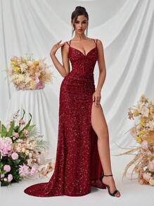 ADYCE Vestido con escote en V, abertura frontal y cordones en la espalda con lentejuelas, vestido de noche formal para mujer para fiestas/bailes de graduación, vestido de invitada de boda