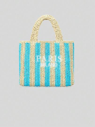 2025 New Striped Handmade Woven Straw Bag Women Summer Fashion Seaside Vacation Beach Bag Letter Embroidery Handbag