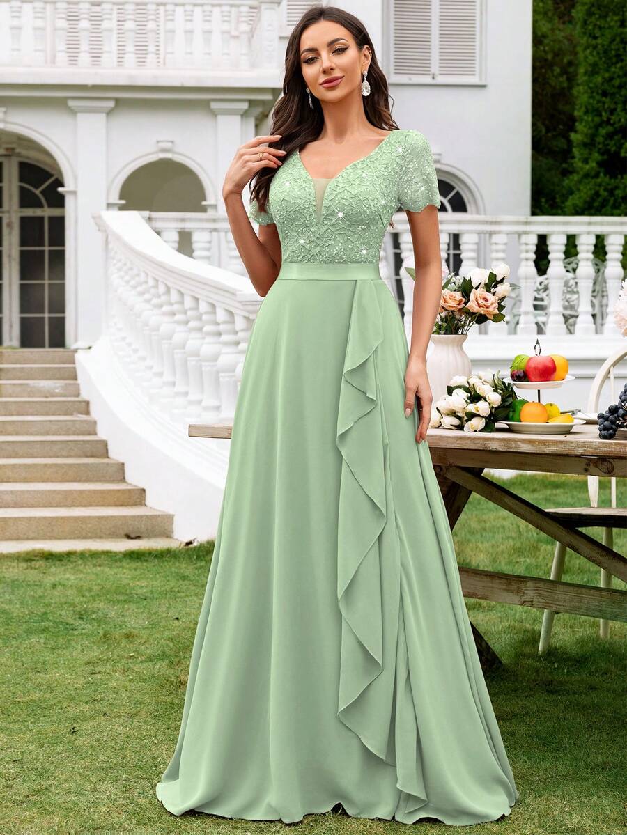 MIUSOL Deep V-Neck Contrast Sequin Lace Ruffle Trim Chiffon Formal Party Maxi Dress,Formal Evening Gown Wedding Elegant