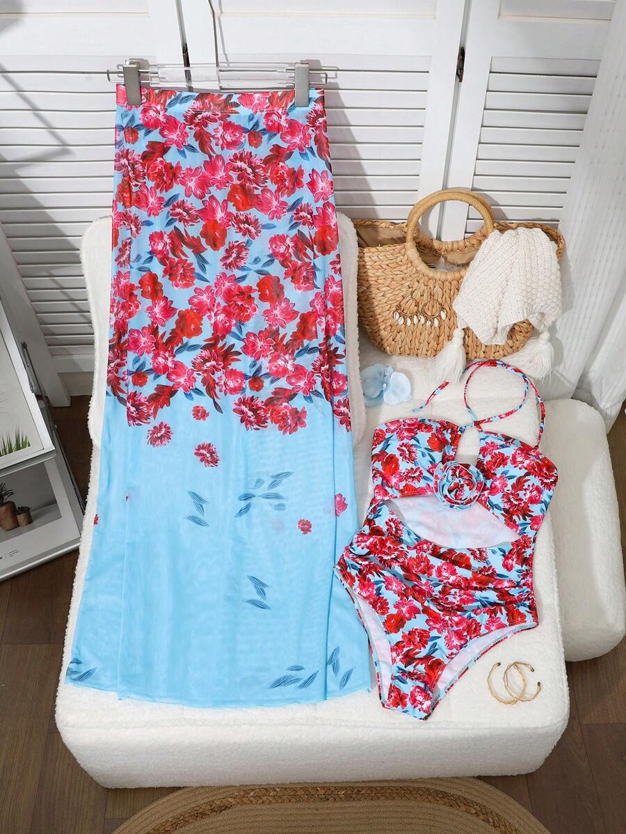 Women's One-Piece Swimwear Set, Printed Long Dress Fashionable Beach Resort Summer Swimwear