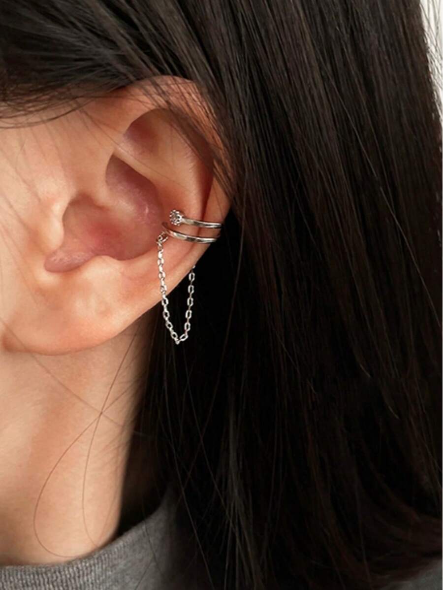 1pc Women's Fashionable Zirconia Chain Ear Clips - Silver - View 1