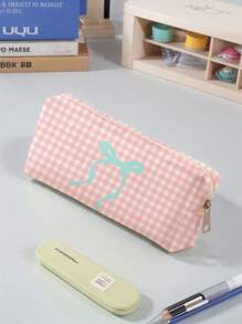 1pc Pink Check Bow Pattern Printed Corduroy Pencil Case, Double-Sided Print Stationery Pouch, Portable Multi-Function Office Supply Pencil Holder Study Storage Bag