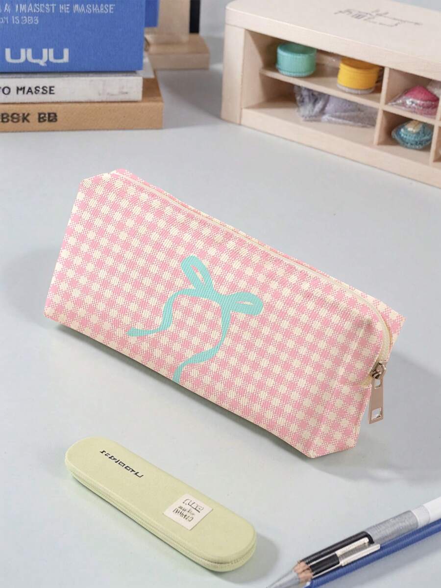 1pc Pink Check Bow Pattern Printed Corduroy Pencil Case, Double-Sided Print Stationery Pouch, Portable Multi-Function Office Supply Pencil Holder Study Storage Bag