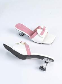 Women High Heel Mules, Fashionable Sweet Butterfly Decor Color Block Square Toe Sandals For Summer