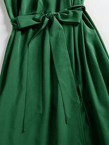 Women's Side Slit One-Shoulder Elongated Evening Dresses Have Belts - Dark Green - View 5