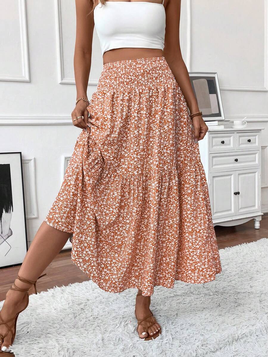 Stunning Floral Maxi Skirt - Flowy, Tiered, Elastic Shirred Waist, Pockets, Flared Hem, Woven - Perfect For Vacation, Spring, Summer, Fall, And Everyday Wear - 橘色 - 查看 1