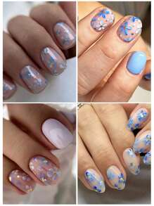 2片蓝色花卉美甲贴纸，3D水彩蓝色花朵设计美甲贴花，自粘式DIY美甲装饰 - 藍色 - 查看 4