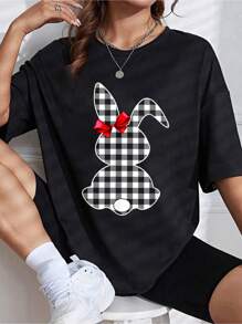 Bunny Buffalo Black Plaid Print Shirt Happy Easter Day Women T-ShirtCasual Short Sleeve Printed Crew Neck T-Shirt For Spring & Summer - Comfortable, Relaxed Fit