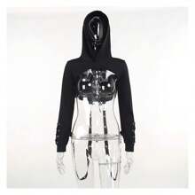 Women's Gothic Hoodie Crop Tops Long Sleeve Punk Black Rave Hood Outfit Festival Goth Aesthetic Emo Teens