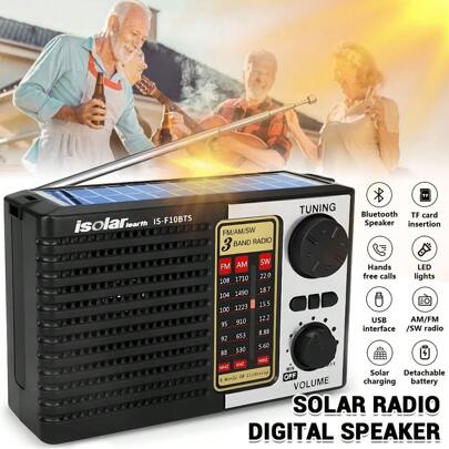 Solar Portable FM/AM SW Radio, Emergency Digital Bluetooth Speaker MP3 Player Rechargeable Comes With A Flashlight And Wrist Strap For Outdoor And Indoor