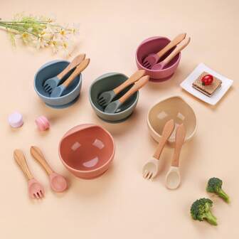 3 件套婴儿喂食套装，含硅胶碗、勺子和叉子、吸盘婴儿硅胶碗、婴儿主导断奶餐具、第一阶段自主喂食，适用于婴幼儿，圣诞节、万圣节和感恩节礼物