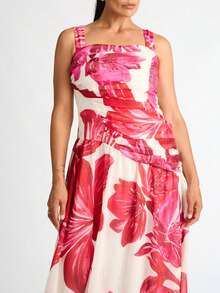 春夏新款水仙花印花连衣裙：方领前褶设计，宽肩带，A字型正式连衣裙，适合婚礼宾客、花园派对、海滩度假、度假村、夏日早午餐、日常穿着。 - 彩色 - 查看 4