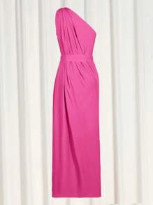 Women's Side Slit One-Shoulder Long Evening Dress With Belt - Hot Pink - View 2