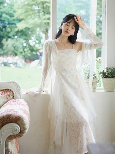 RUIWY 2pcs/Set Women's Elegant Sheer Overlay Top & Ditsy Floral Camisole Dress Outfit, Suitable For Spring & Summer Vacation