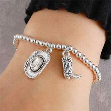 西部牛仔帽、靴子和吊坠手链套装，乡村农场风格珠宝礼品 - 復古銀色 - 查看 2