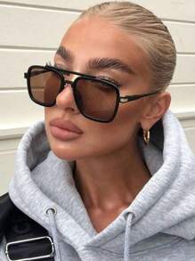 1PC Square Fashion Glasses With Double Beams Vintage Classic And Versatile Personalized, Women's Glasses, Beach Accessories For Summer Beach Vacation, Outdoor, Travel - 黑框茶片 - 查看 1