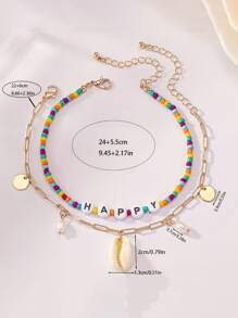 2 piezas Tobilleras con cuentas de estilo bohemio y pendiente de concha con la letra "HAPPY" de colores, accesorio de moda para vacaciones de verano en la playa