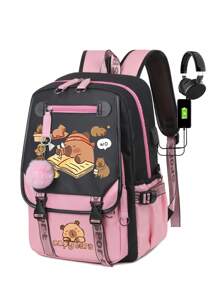 Cute Cartoon Capybara Backpack, Spacious Student Laptop Bag, School Backpack - Pink - View 5
