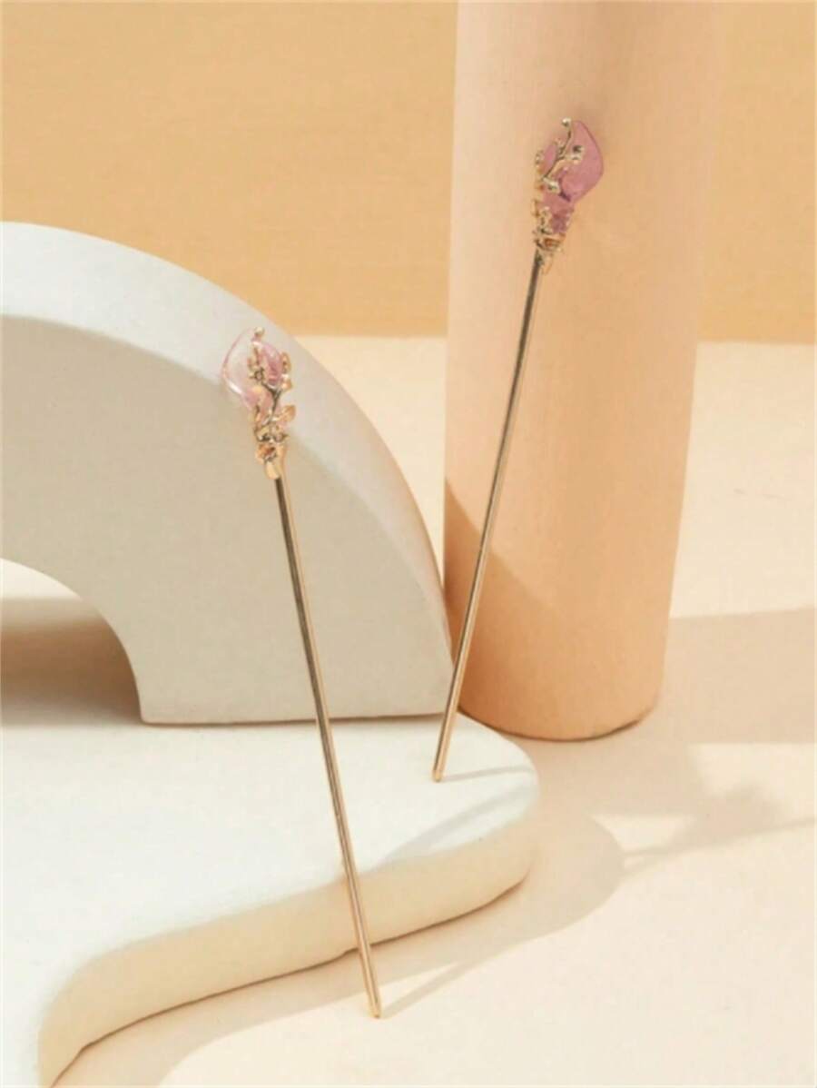 2pcs Women Flower Decor Fashionable Hair Pin For Hair Decoration Elegant