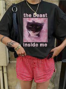 可爱猫咪卡通粉色字母印花T恤女夏季宽松短袖上衣